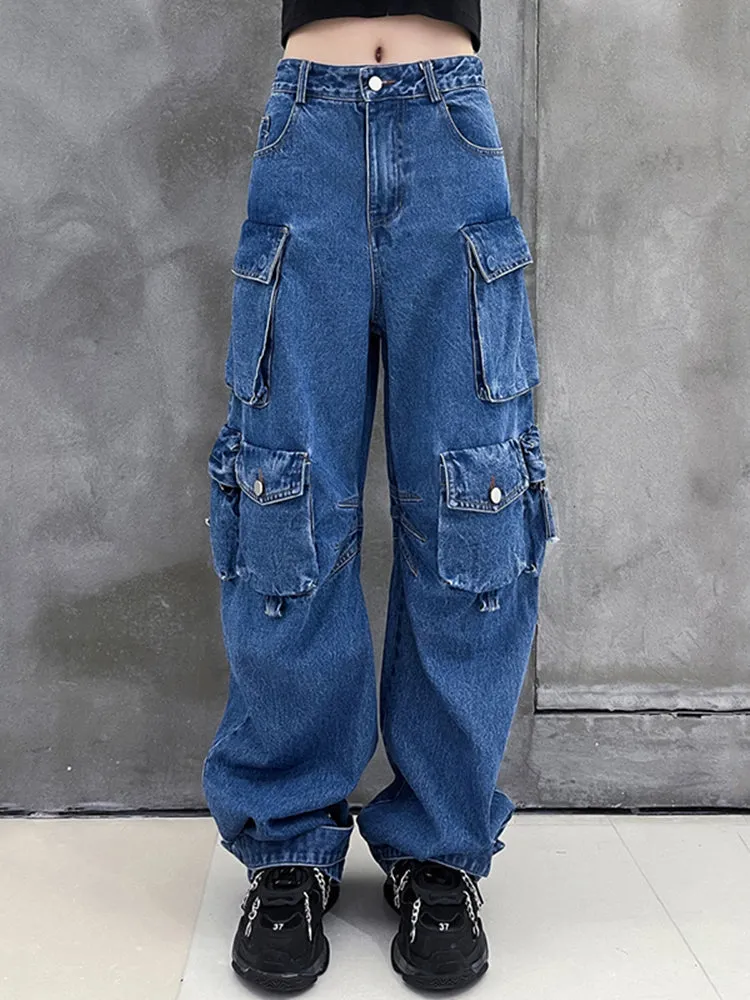 Amy Fashion - Dark Blue Pockets Wide Leg Jeans