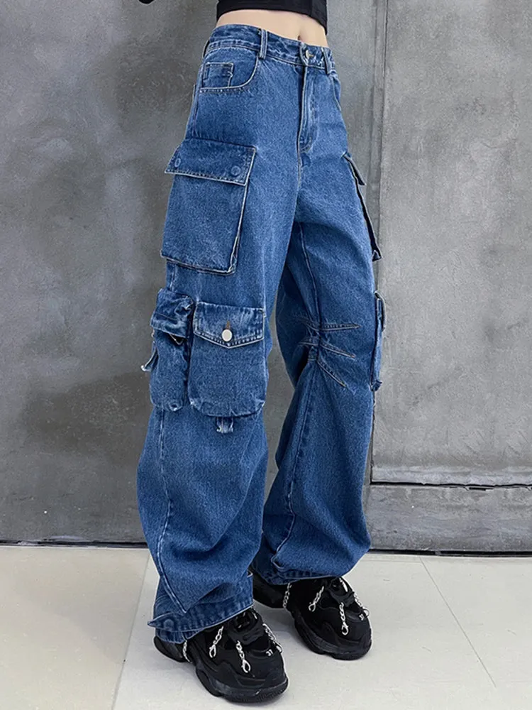 Amy Fashion - Dark Blue Pockets Wide Leg Jeans