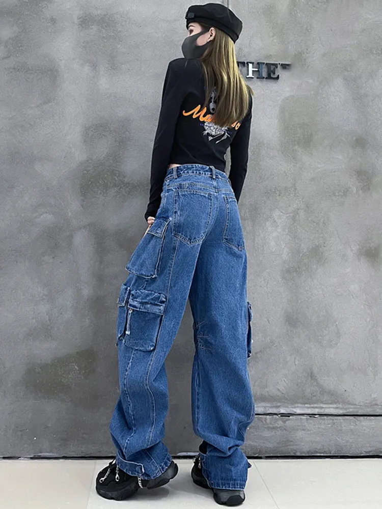Amy Fashion - Dark Blue Pockets Wide Leg Jeans