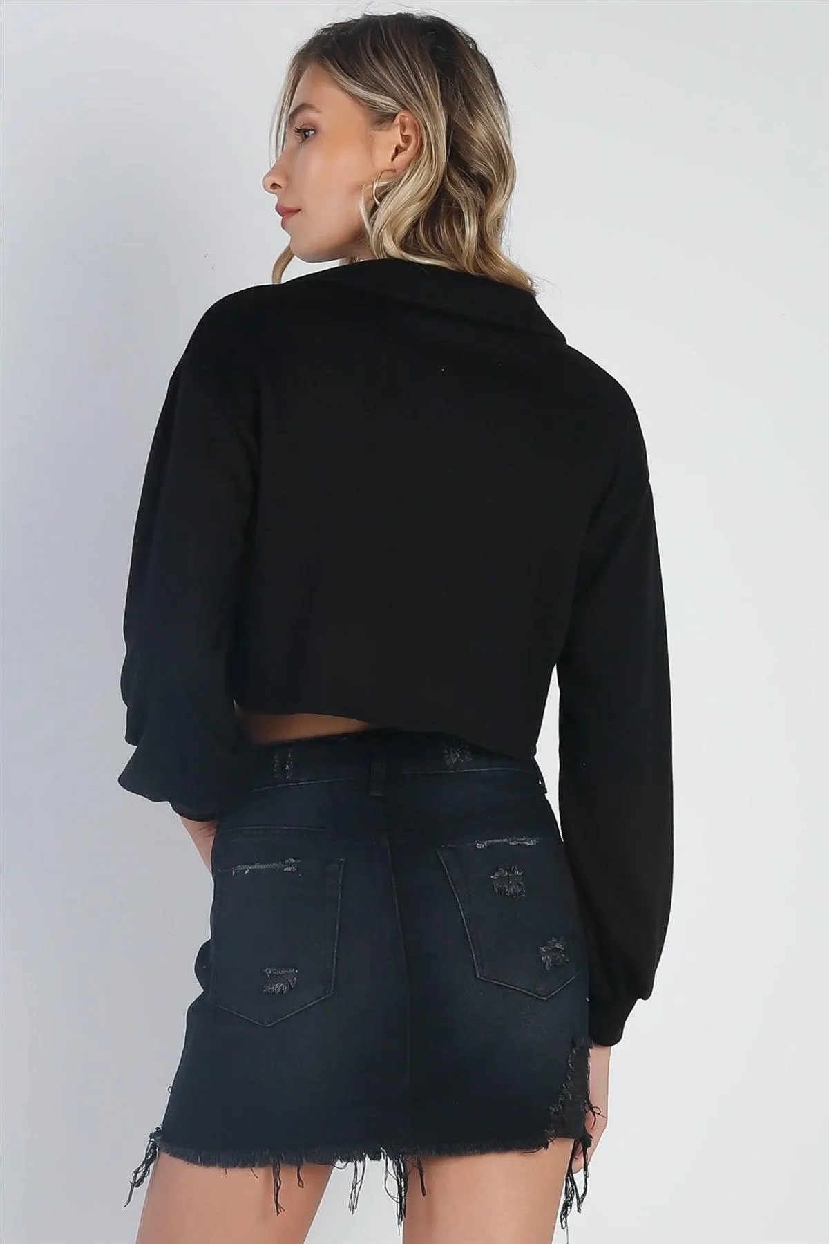 Black Button Up Collared Long Sleeve Crop Top /3-2-1