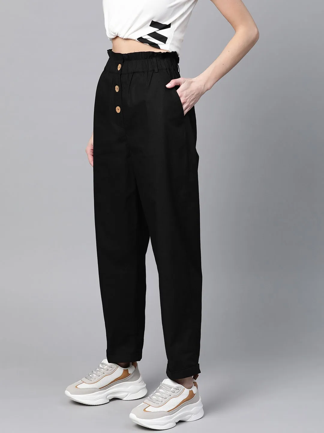 Black Front Button Tapered Pants