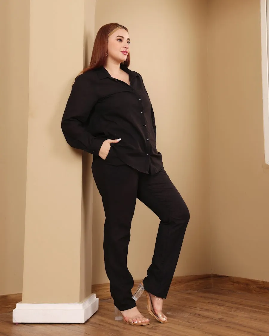 Black Solid Linen Co-ord Set