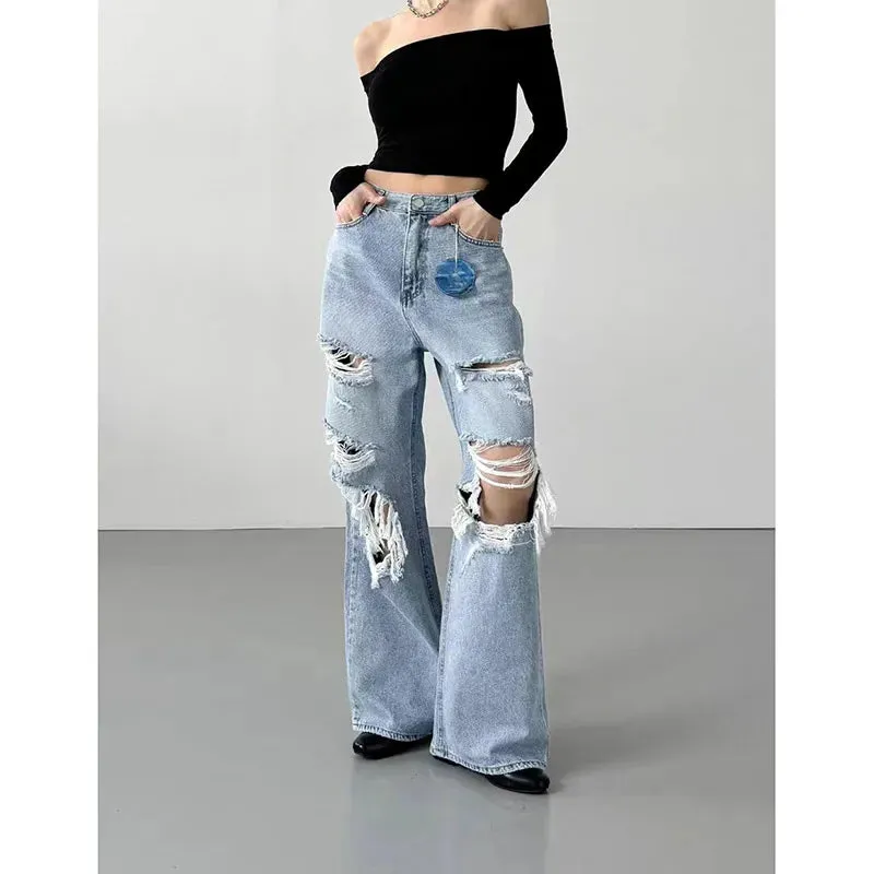 Blue Gothic Y2K Ripped Cargo Jean Pants for Women