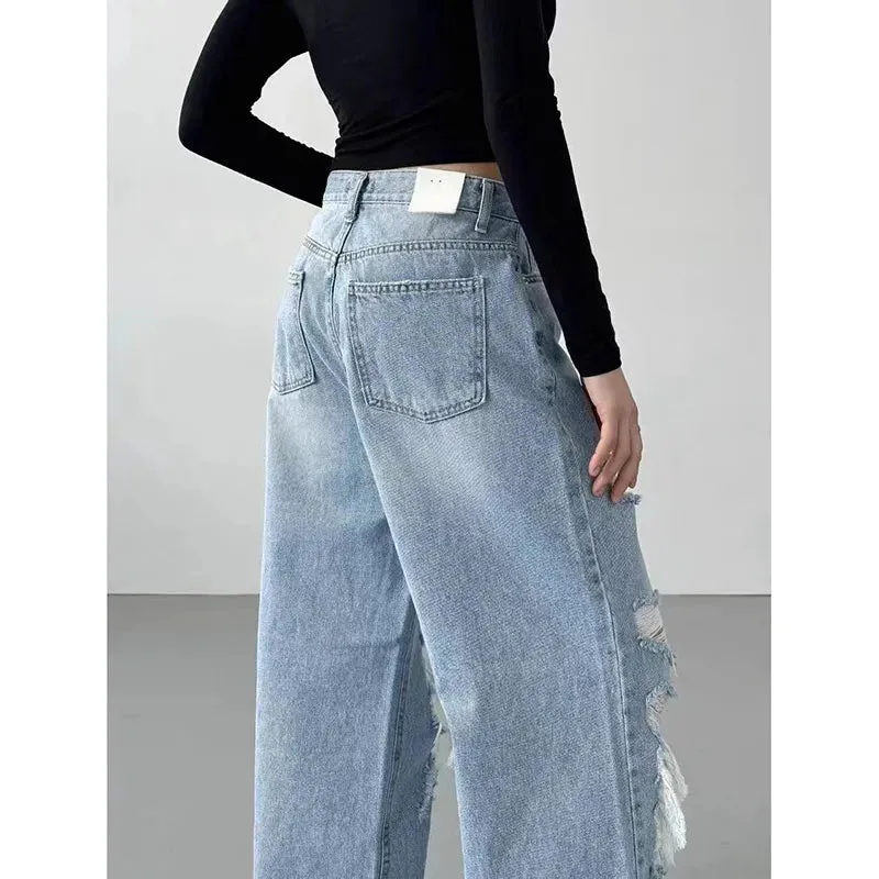 Blue Gothic Y2K Ripped Cargo Jean Pants for Women