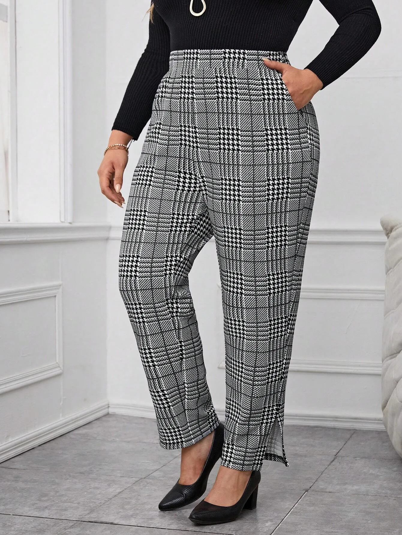 Calça Xadrez Reta Feminino Plus Size - Bettina