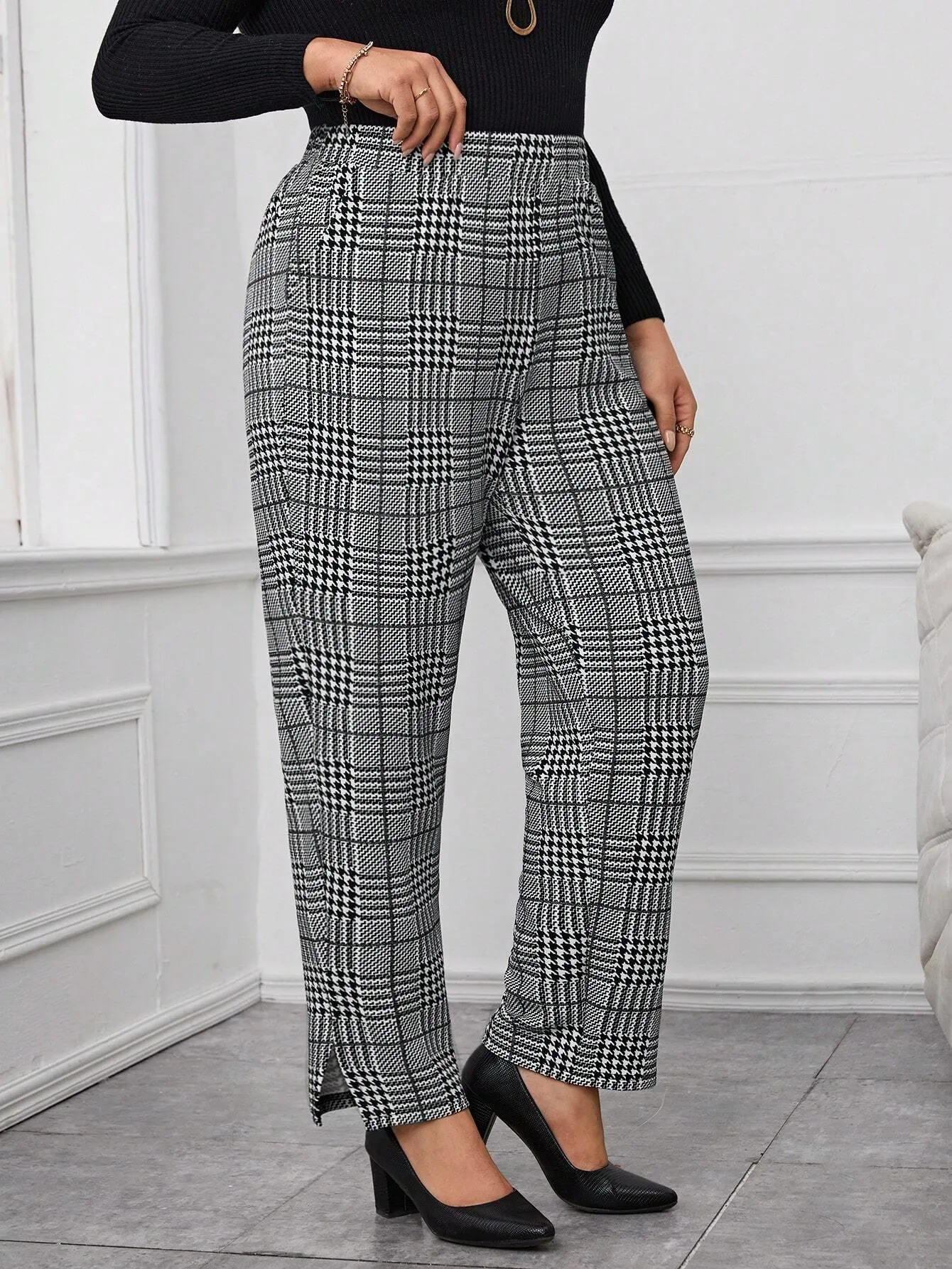 Calça Xadrez Reta Feminino Plus Size - Bettina