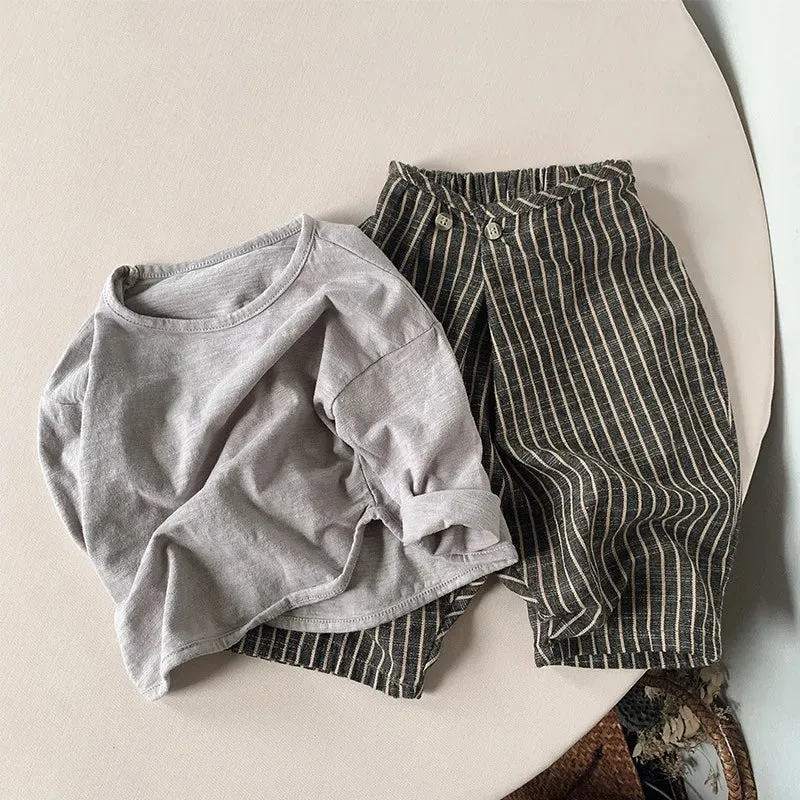 Children's Retro Striped Cotton And Linen Pant Spring Autumn New Japanese Boys And Girls Casual Loose Wide-Leg Pants WTP122