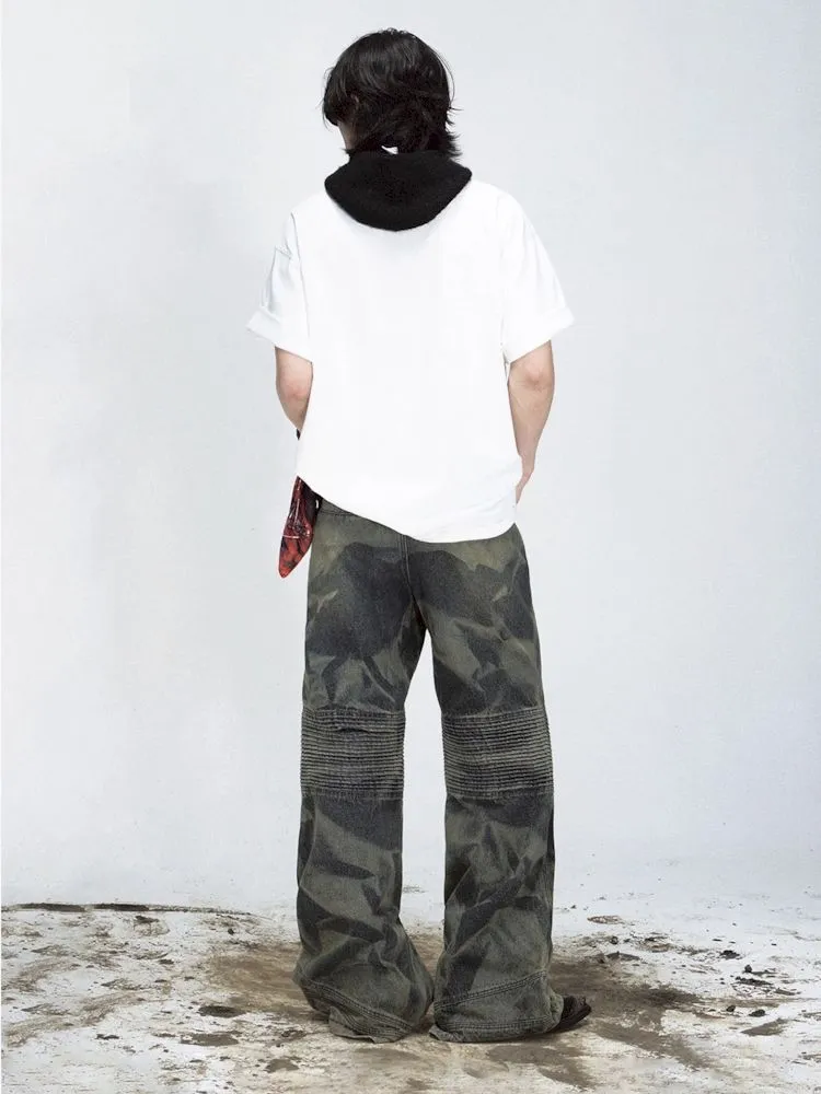 Dirty Dye Frayed Spliced Wide Leg Jeans【s0000008493】