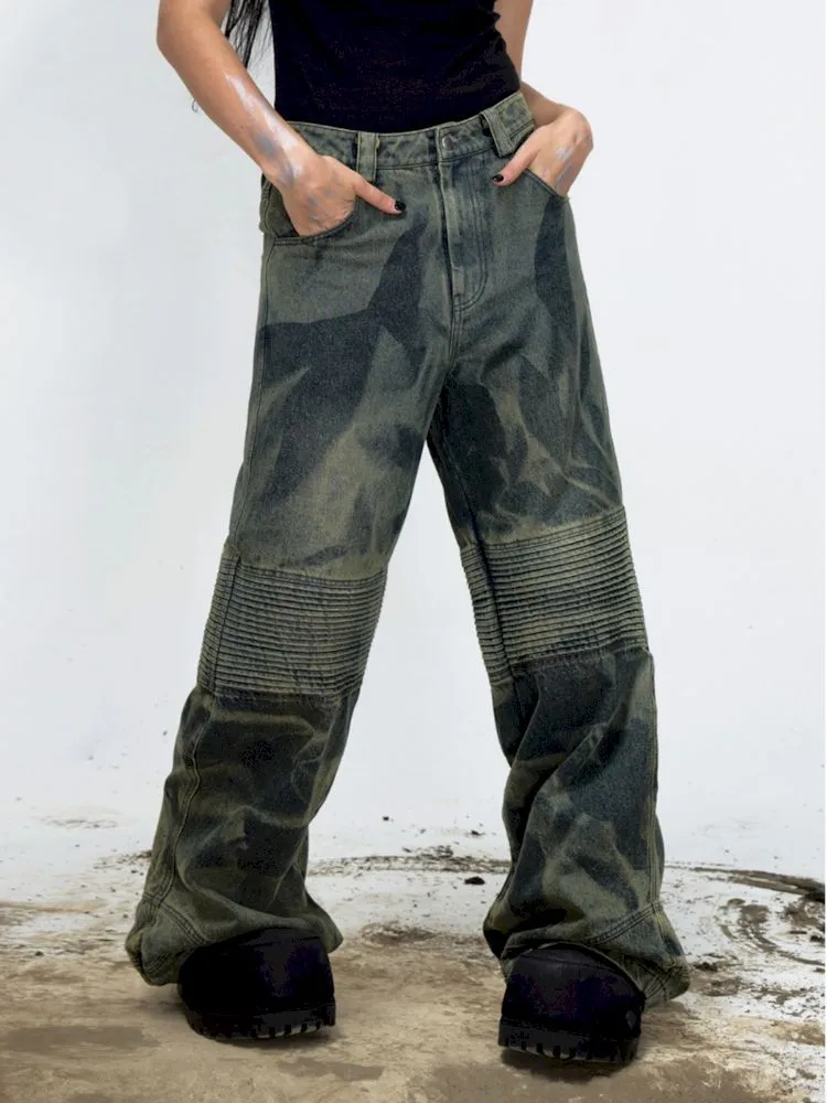 Dirty Dye Frayed Spliced Wide Leg Jeans【s0000008493】