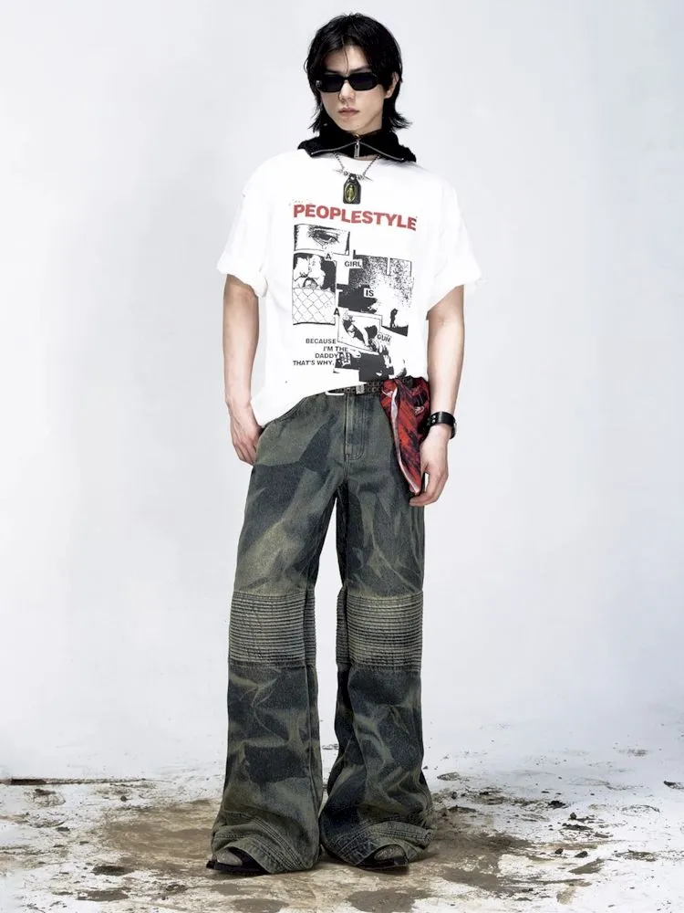 Dirty Dye Frayed Spliced Wide Leg Jeans【s0000008493】