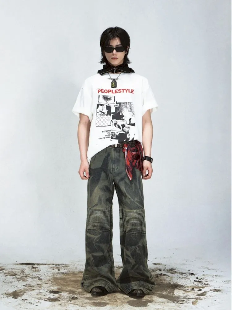 Dirty Dye Frayed Spliced Wide Leg Jeans【s0000008493】