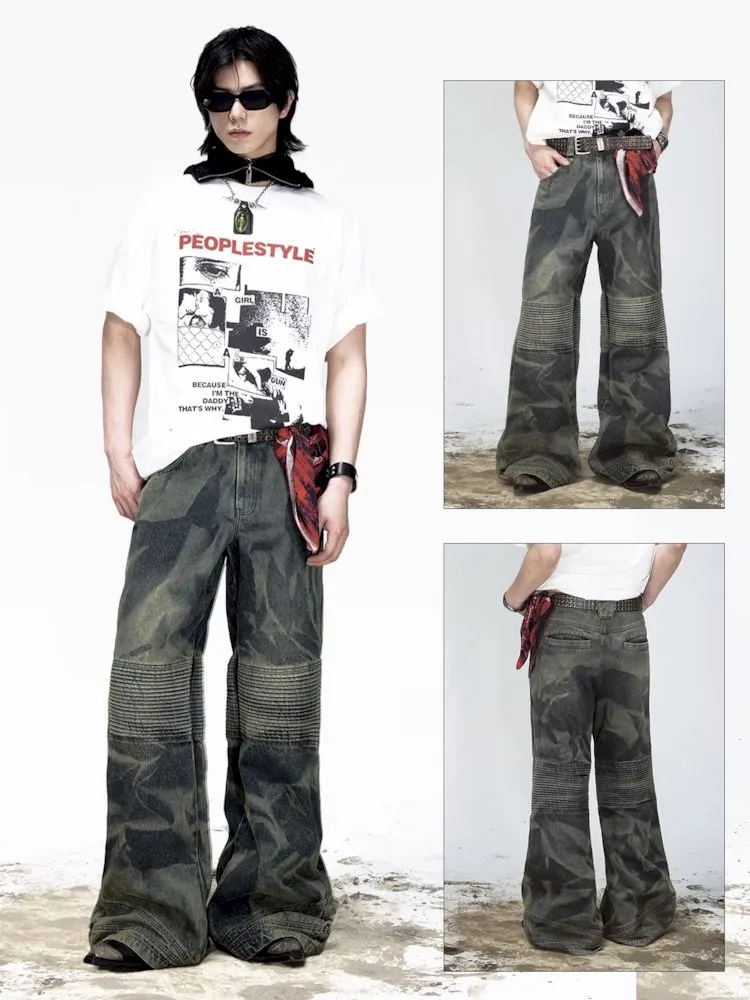 Dirty Dye Frayed Spliced Wide Leg Jeans【s0000008493】