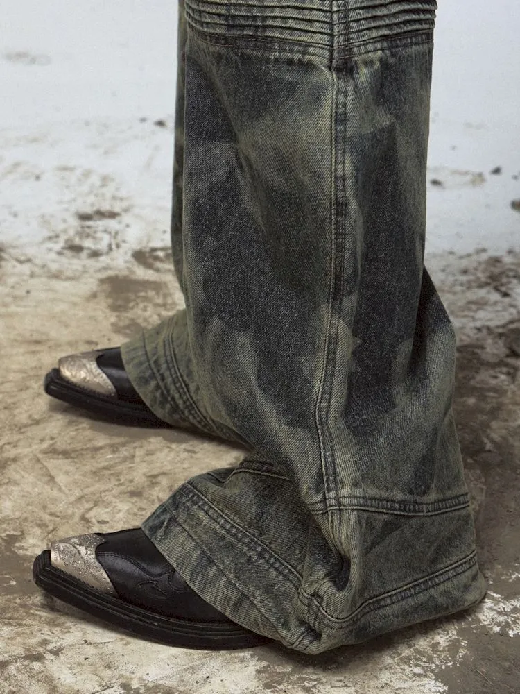 Dirty Dye Frayed Spliced Wide Leg Jeans【s0000008493】