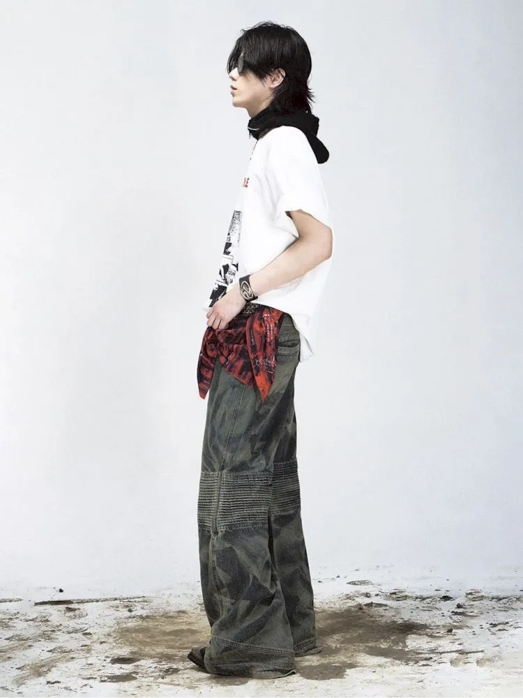 Dirty Dye Frayed Spliced Wide Leg Jeans【s0000008493】