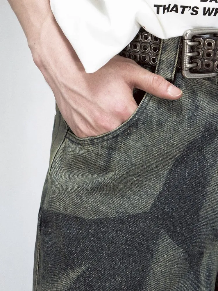 Dirty Dye Frayed Spliced Wide Leg Jeans【s0000008493】