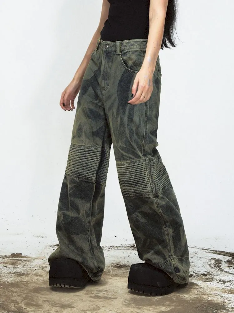 Dirty Dye Frayed Spliced Wide Leg Jeans【s0000008493】