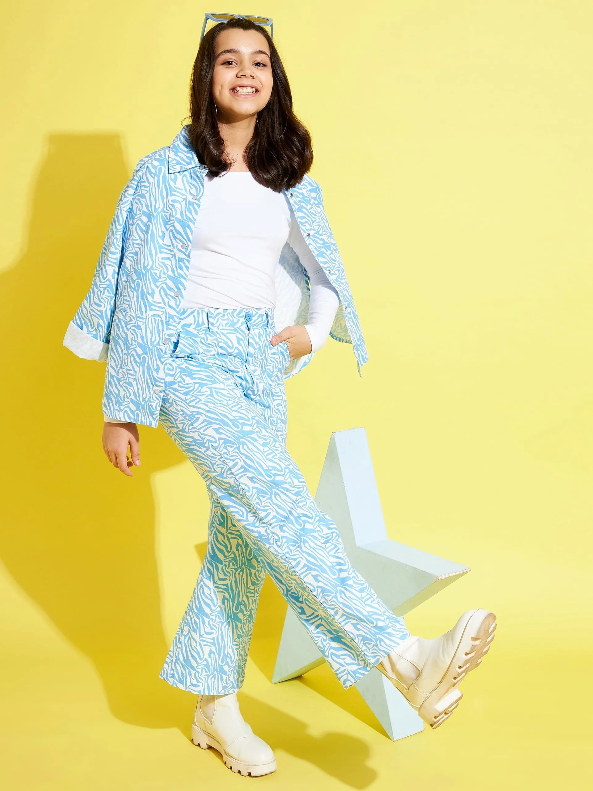 Girls Blue & White Twill Abstract Waves Straight Pants - Lyush Kids