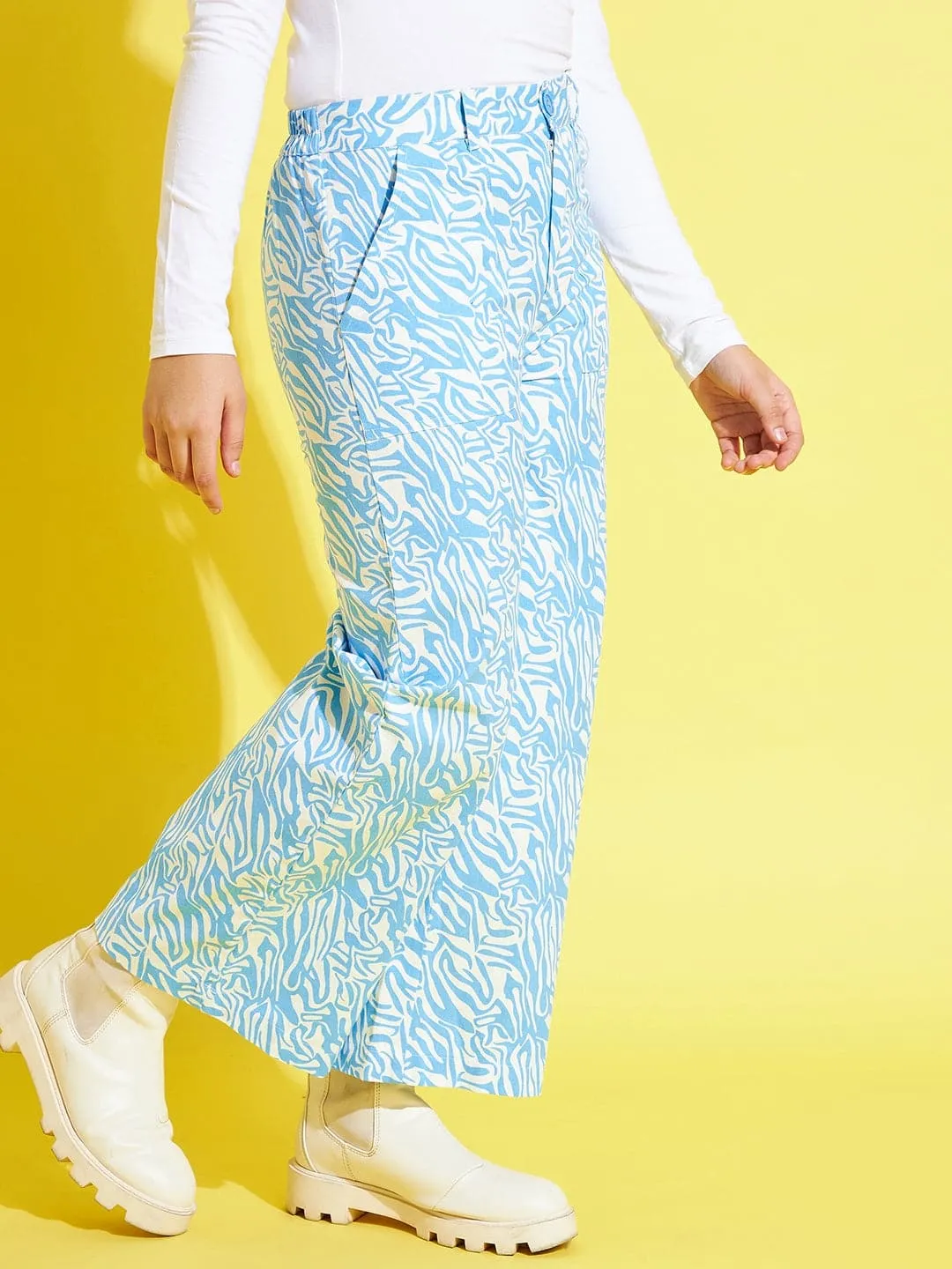 Girls Blue & White Twill Abstract Waves Straight Pants - Lyush Kids