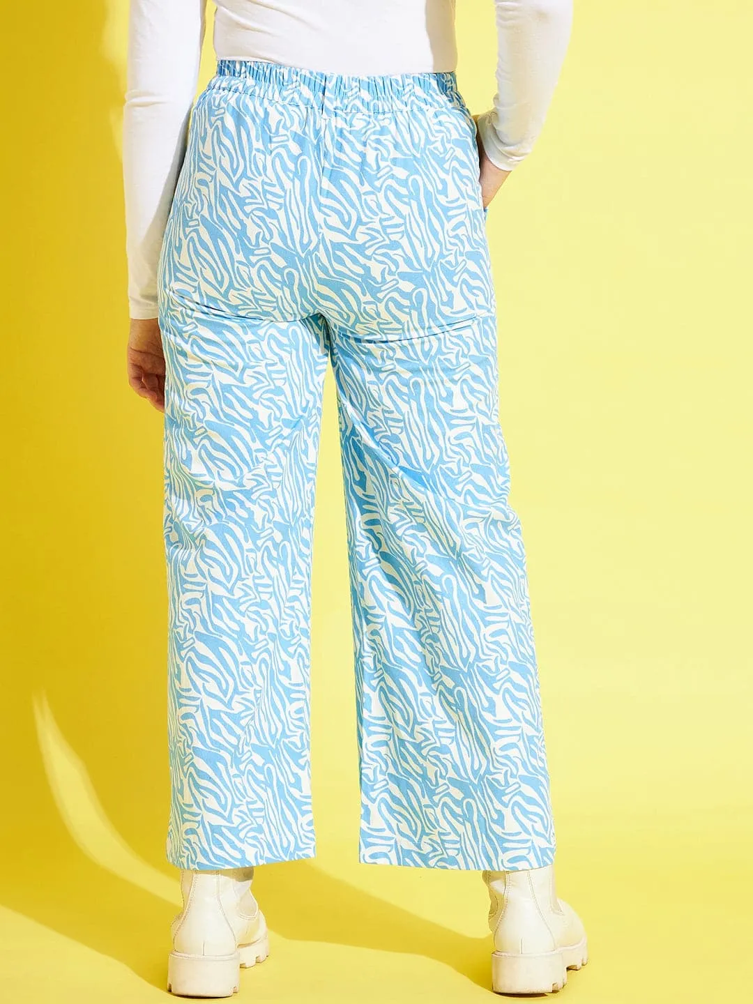 Girls Blue & White Twill Abstract Waves Straight Pants - Lyush Kids