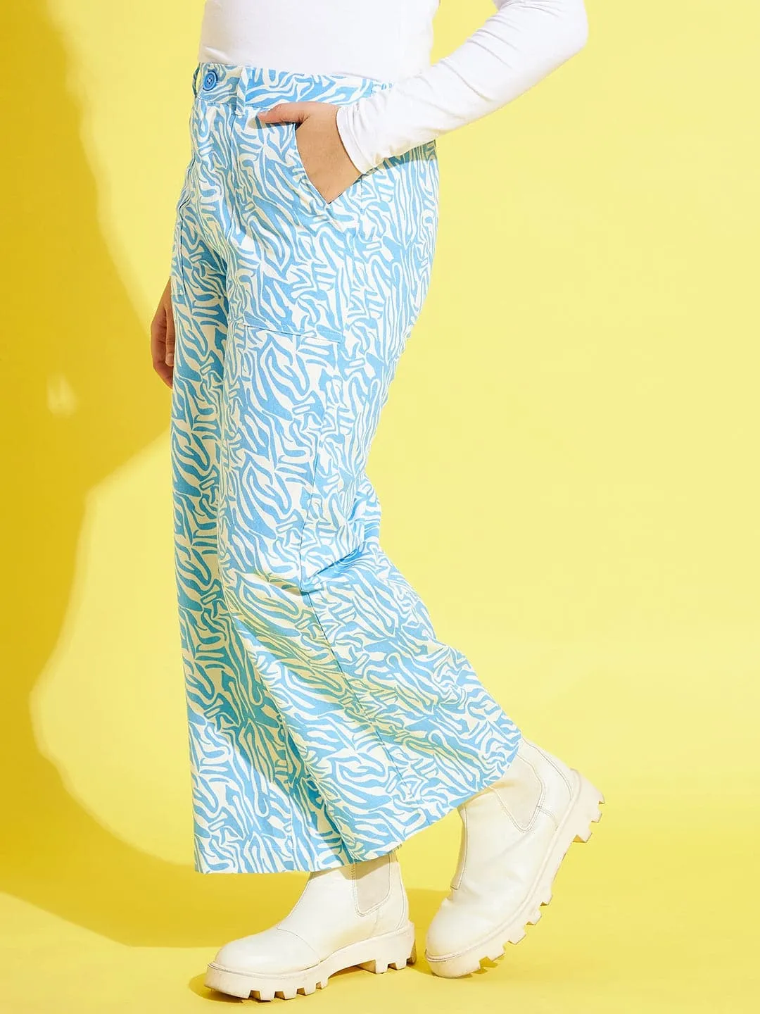 Girls Blue & White Twill Abstract Waves Straight Pants - Lyush Kids