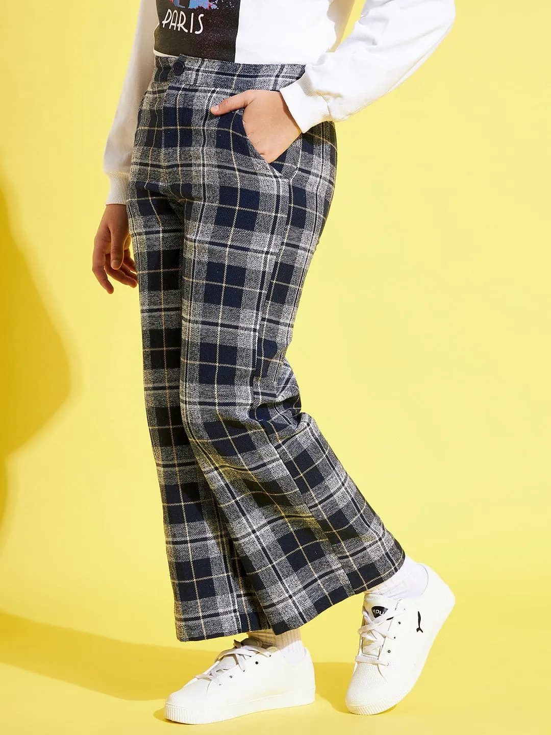 Girls Navy & Grey Check Straight Pants - Lyush Kids