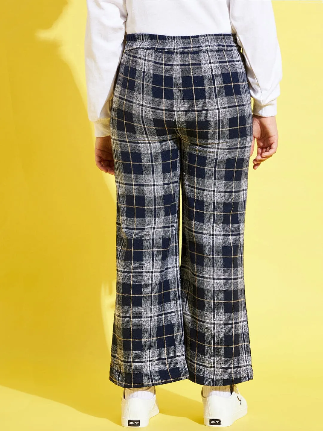 Girls Navy & Grey Check Straight Pants - Lyush Kids