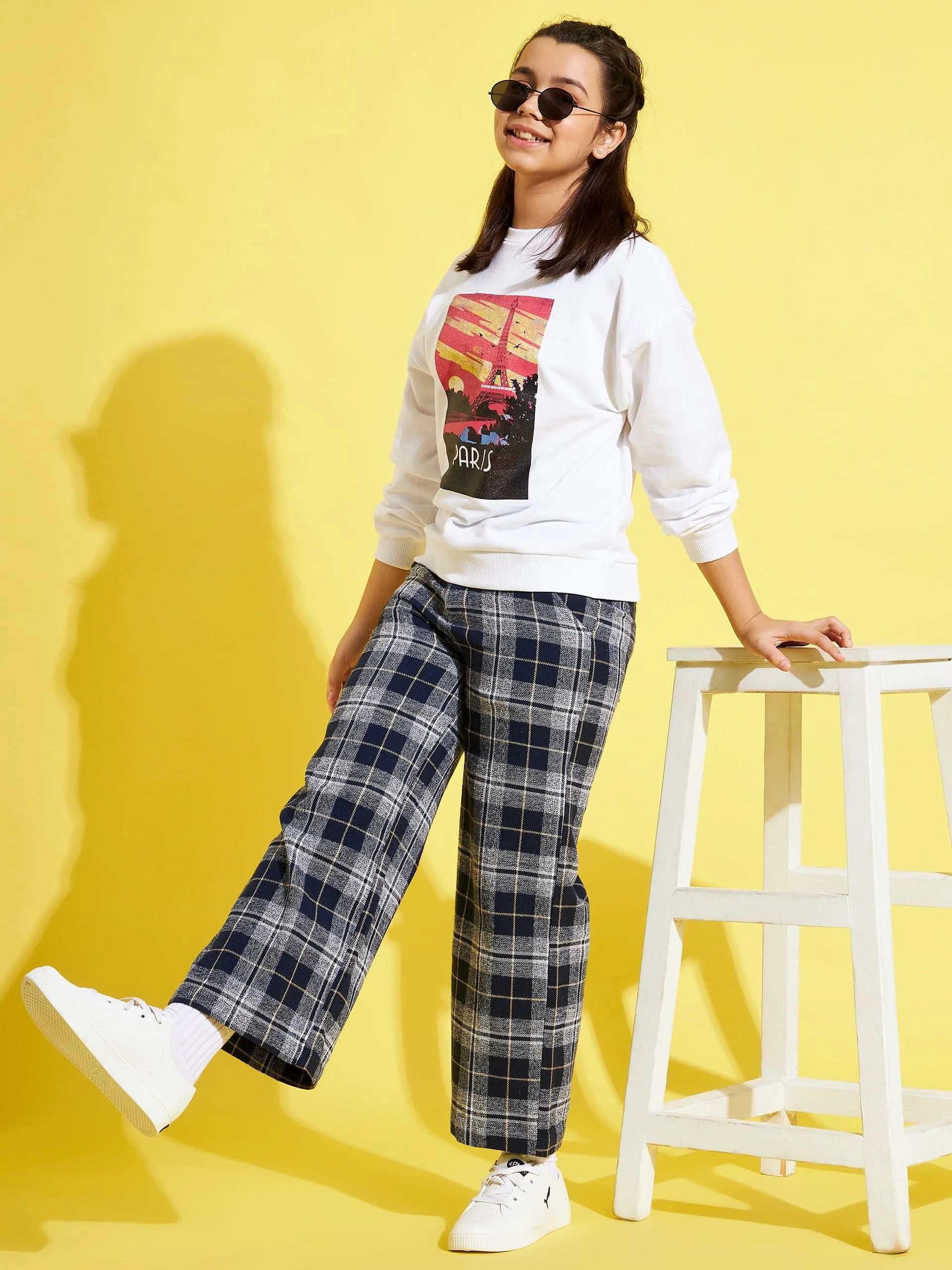 Girls Navy & Grey Check Straight Pants - Lyush Kids
