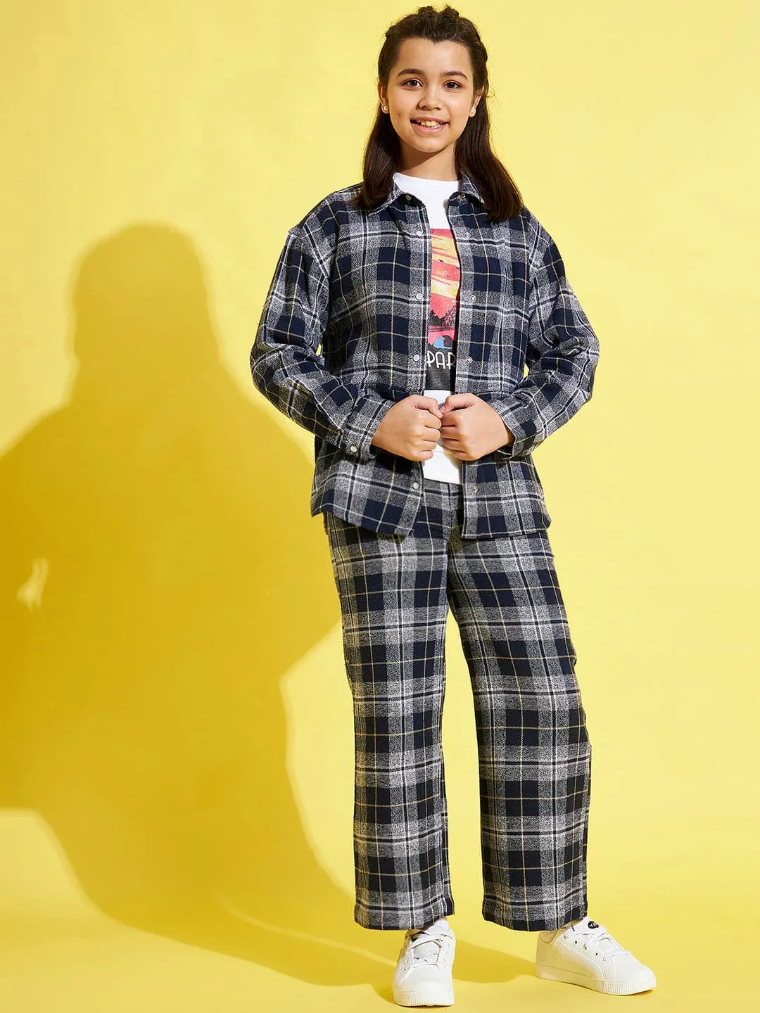 Girls Navy & Grey Check Straight Pants - Lyush Kids