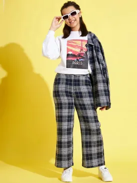 Girls Navy & Grey Check Straight Pants - Lyush Kids
