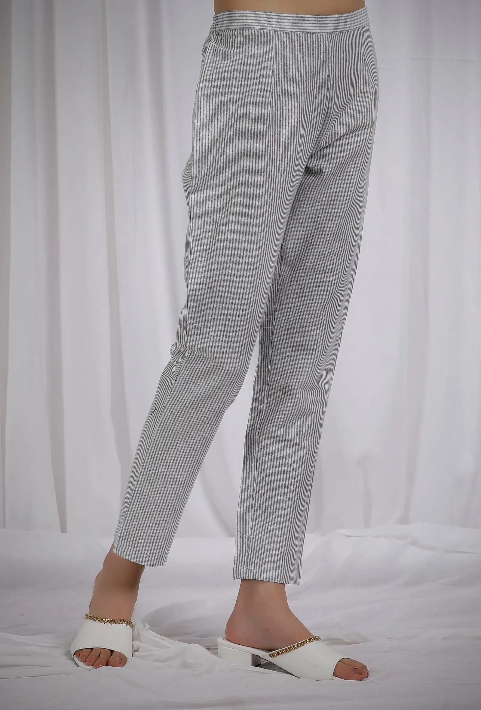 Grey Striped Straight Fit Cotton Pants