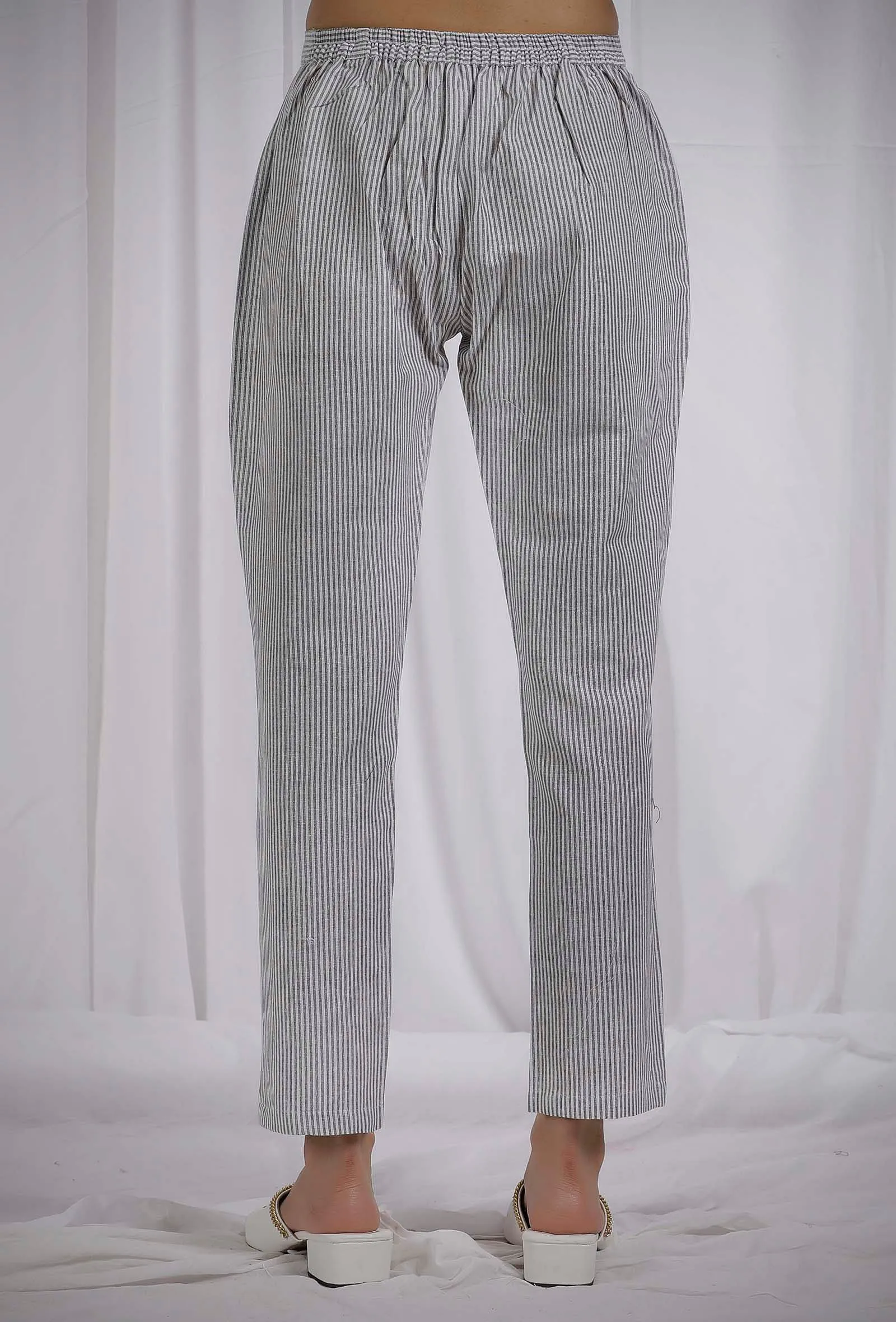 Grey Striped Straight Fit Cotton Pants