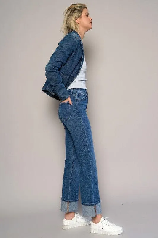 High Rise Cropped Bootcut Cuffed Jeans