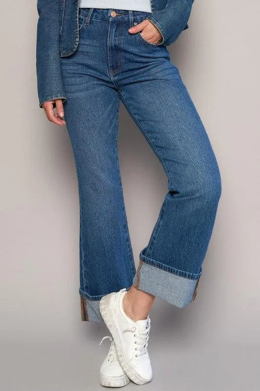 High Rise Cropped Bootcut Cuffed Jeans