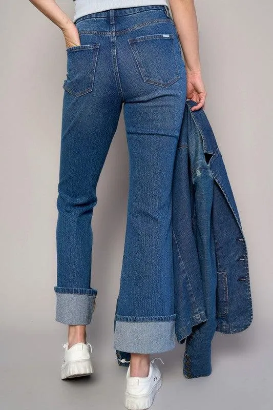 High Rise Cropped Bootcut Cuffed Jeans