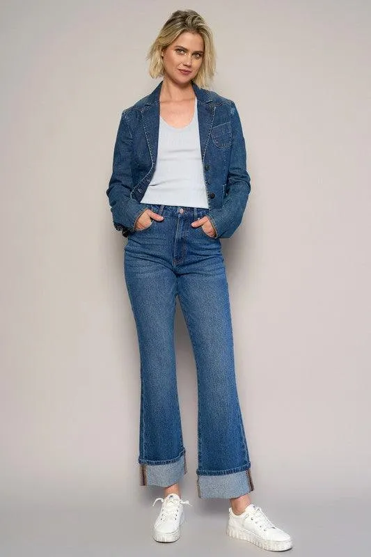 High Rise Cropped Bootcut Cuffed Jeans