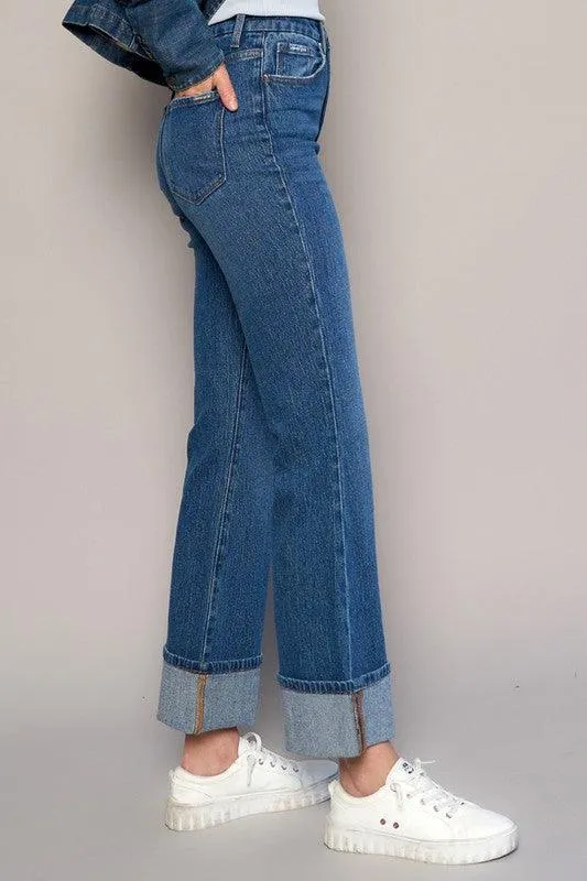 High Rise Cropped Bootcut Cuffed Jeans