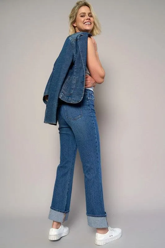 High Rise Cropped Bootcut Cuffed Jeans
