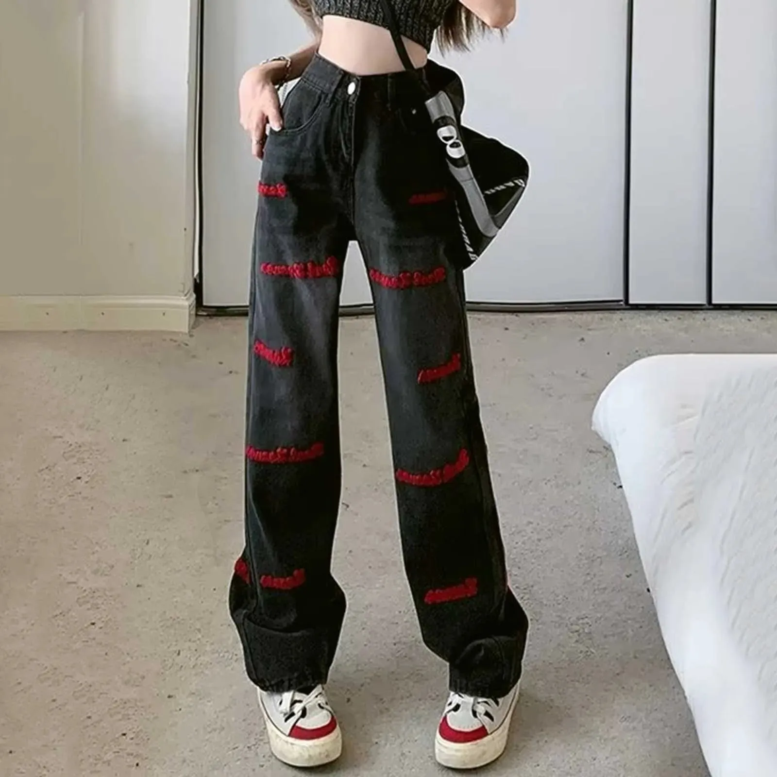High Waist Black Hip-hop Vintage Wide Leg Jeans