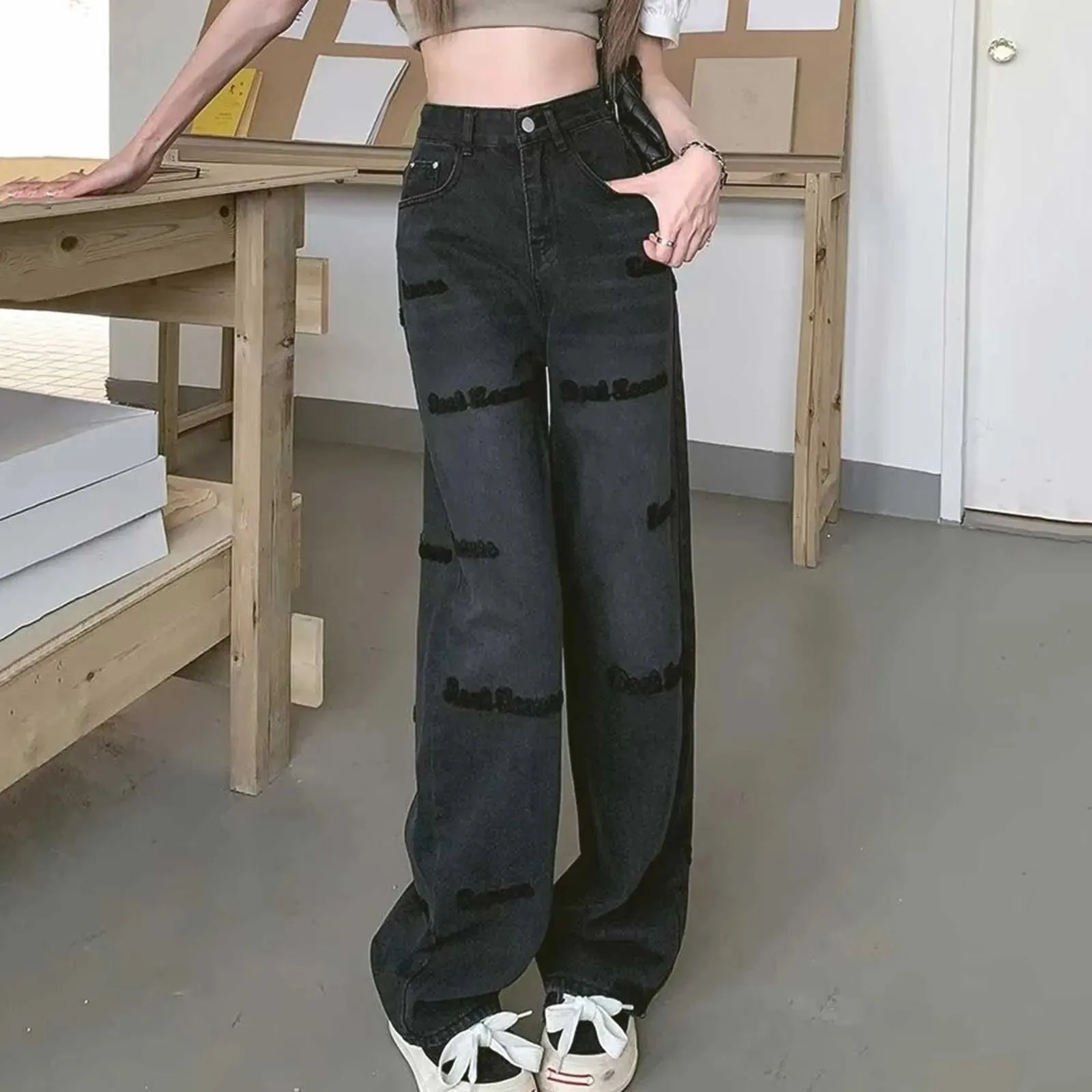 High Waist Black Hip-hop Vintage Wide Leg Jeans