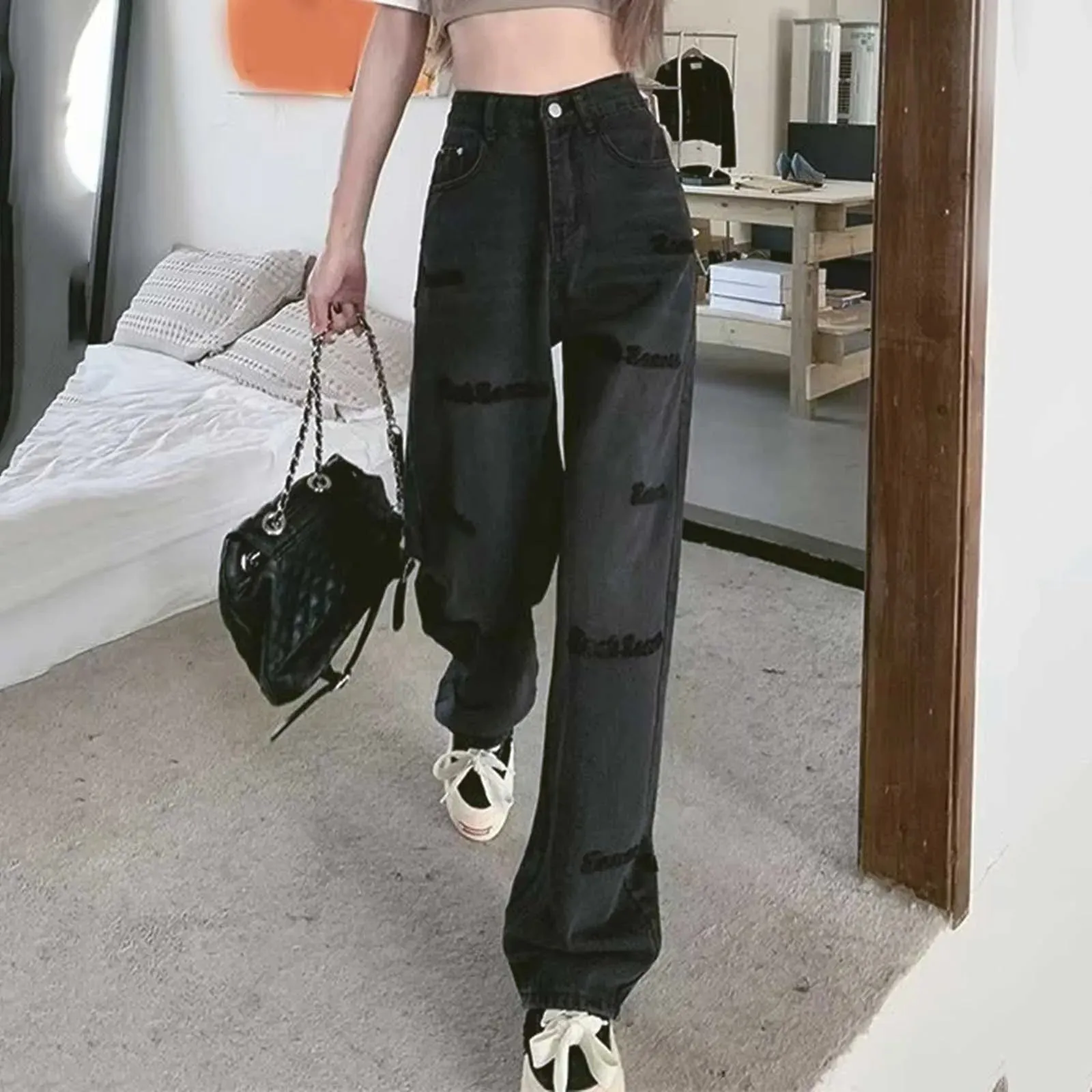 High Waist Black Hip-hop Vintage Wide Leg Jeans