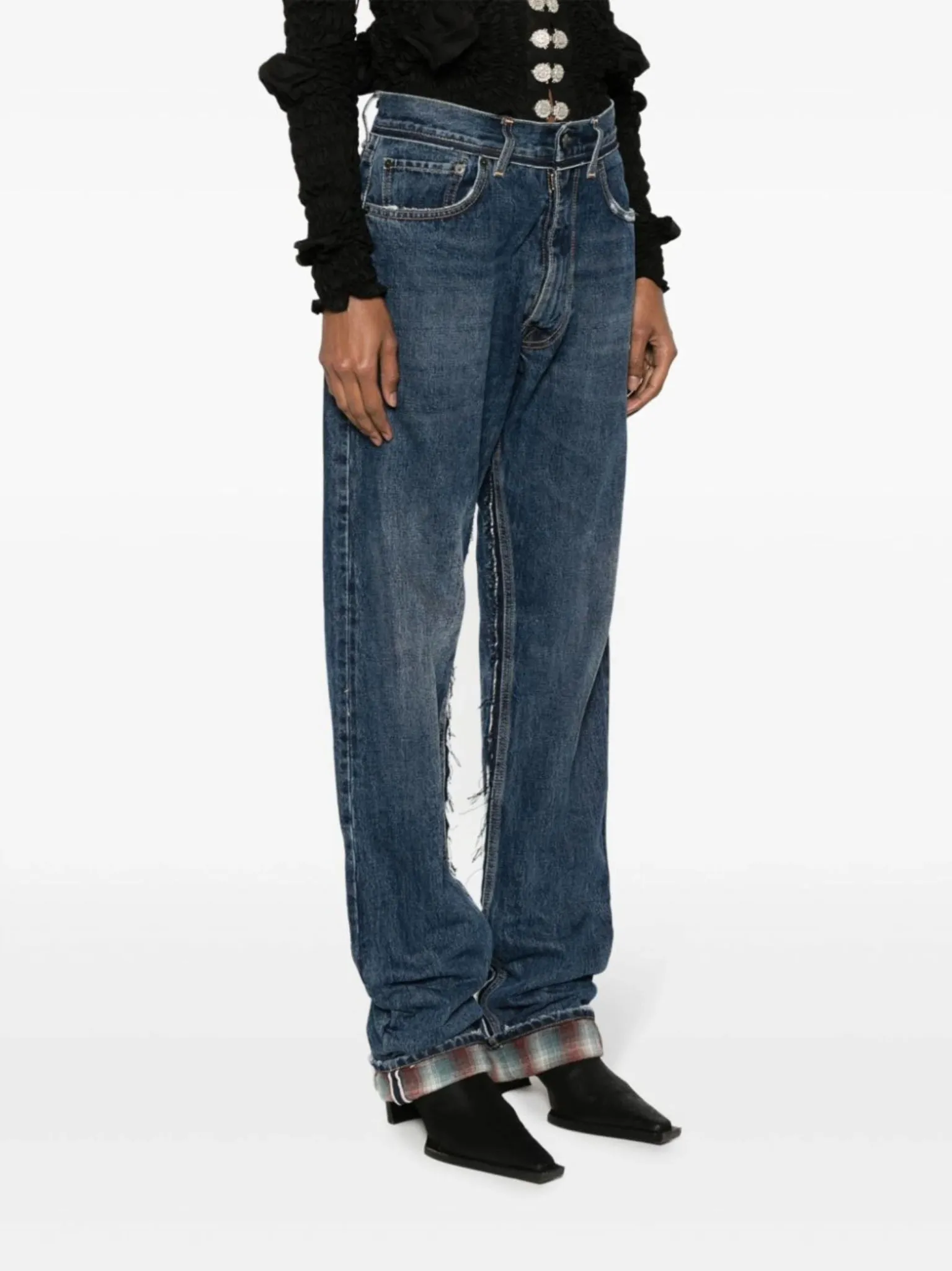 logo-patch ripped-detailing wide-leg jeans