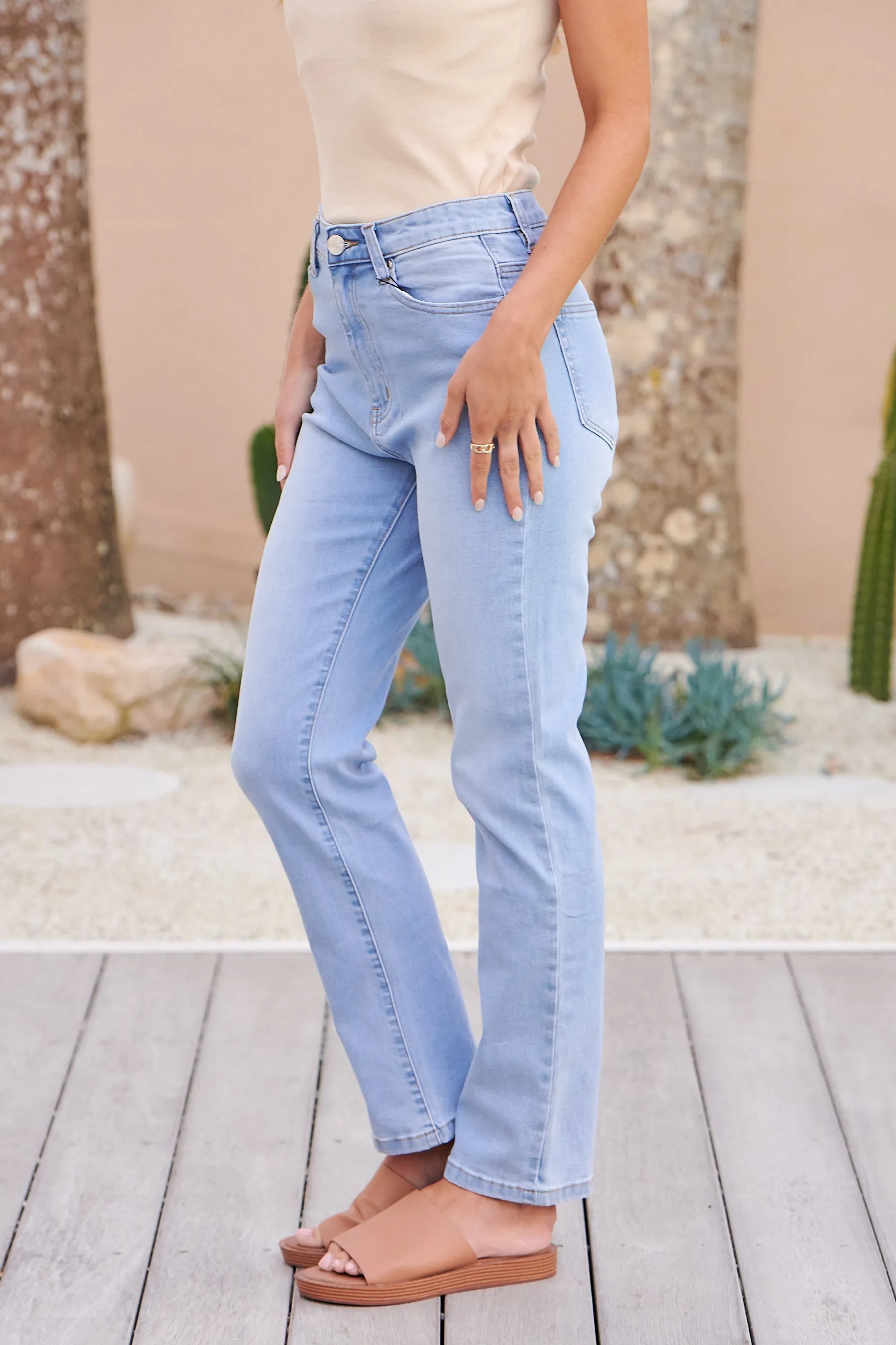 Mary Light Blue Straight Cut Stretch Denim Jeans
