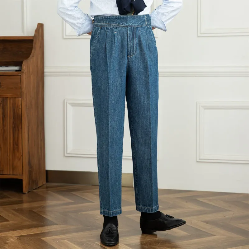 Men's Retro British Casual Denim High Waist Straight Pants