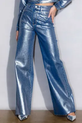 Metallic Raw Edge Hem Wide Jeans