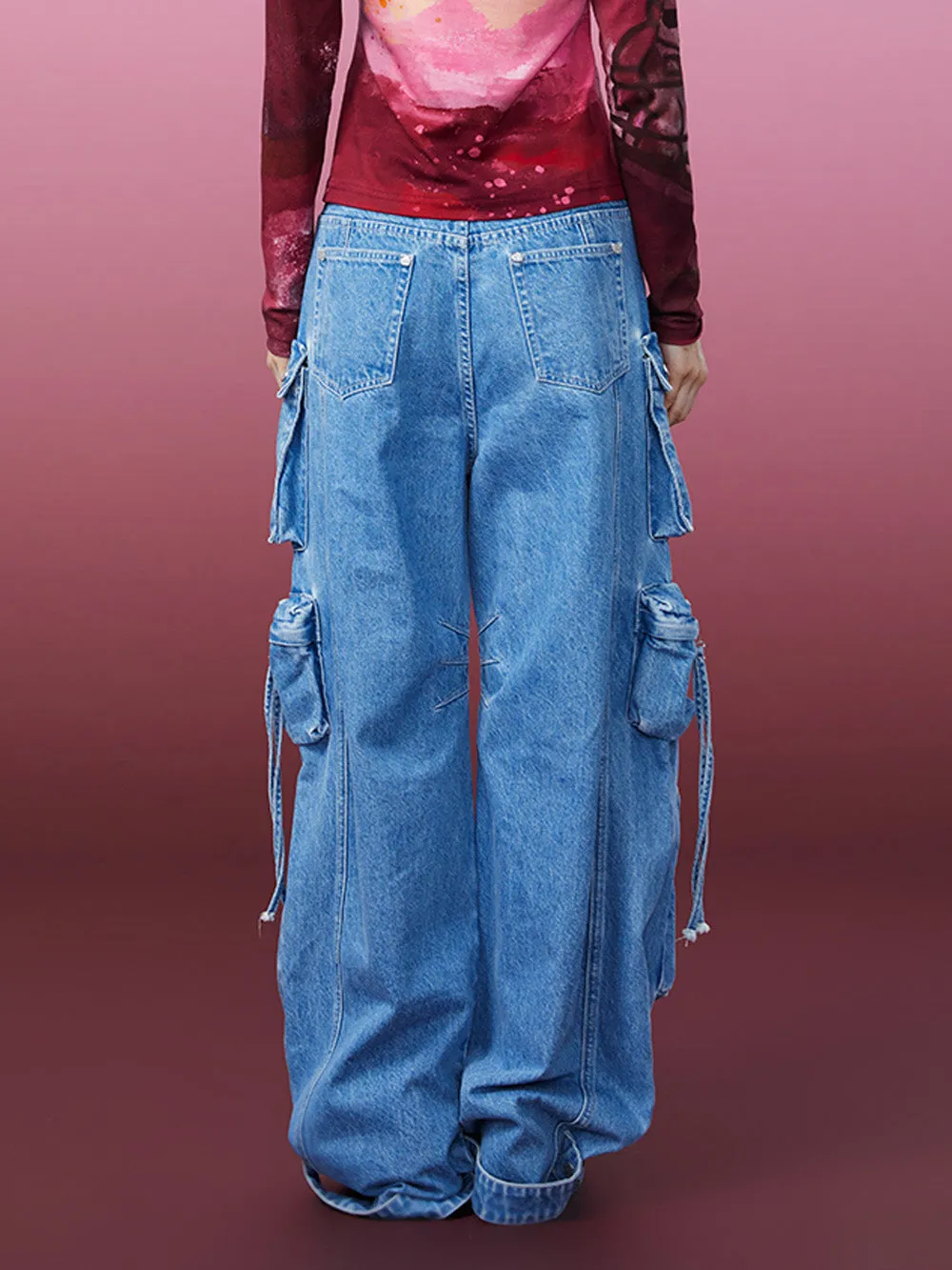 MUKZIN Multiple Pockets Wide Leg Jeans