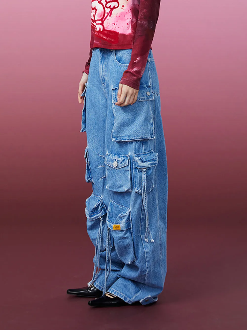 MUKZIN Multiple Pockets Wide Leg Jeans