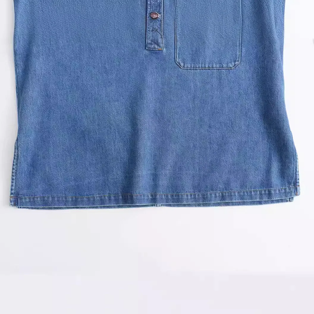 Pre Order:  Retro Solid Lapel Long Sleeve Denim Shirt   Wide Leg Denim Pants