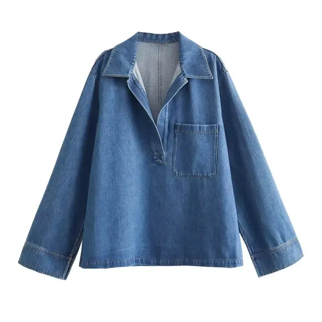 Pre Order:  Retro Solid Lapel Long Sleeve Denim Shirt   Wide Leg Denim Pants