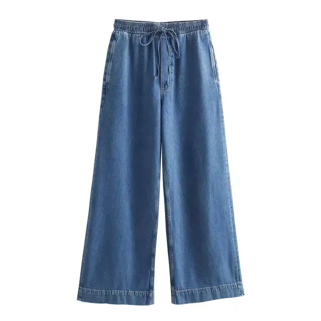 Pre Order:  Retro Solid Lapel Long Sleeve Denim Shirt   Wide Leg Denim Pants
