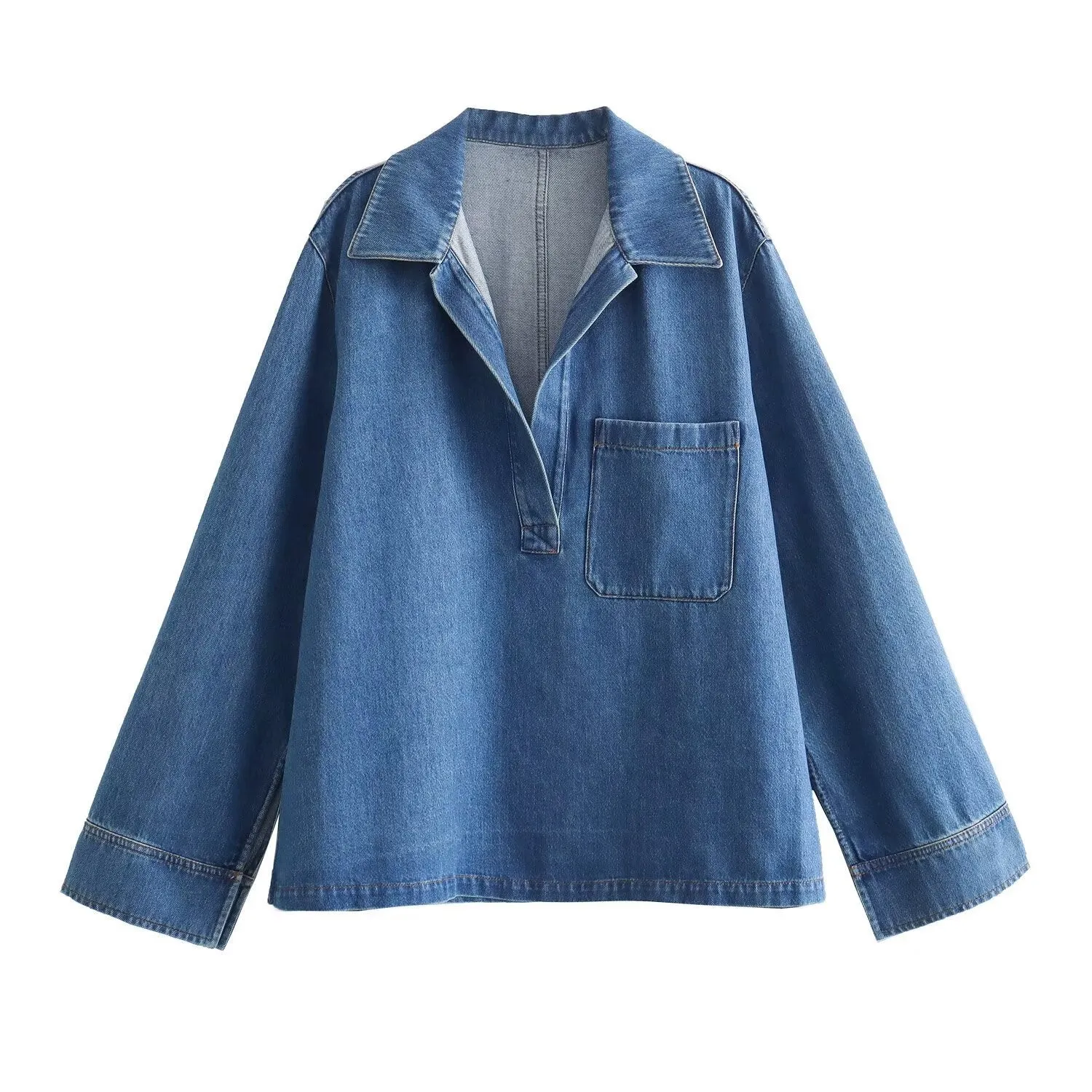 Pre Order:  Retro Solid Lapel Long Sleeve Denim Shirt   Wide Leg Denim Pants